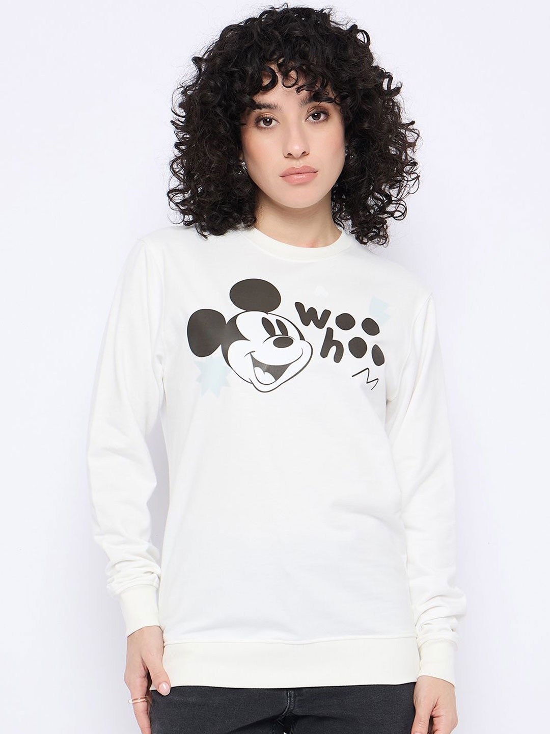 

Wear Your Mind Women Mickey Mouse Printed Cotton Sweatshirt, White