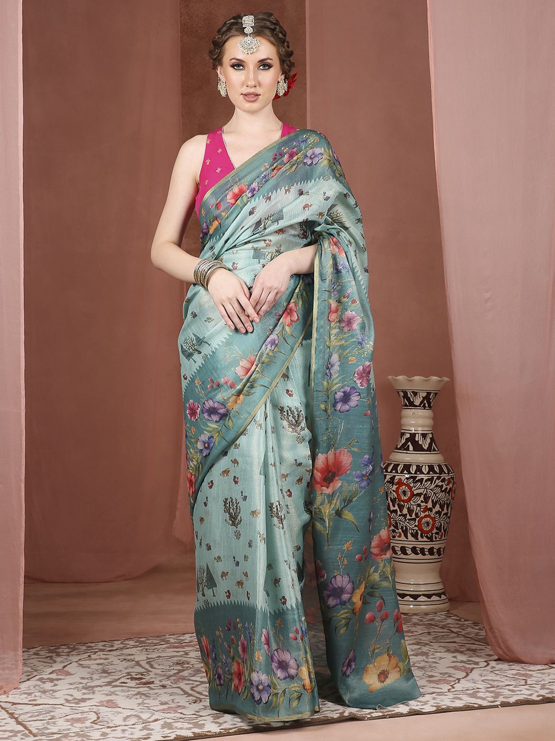 

JUST FASHION Floral Printed Zari Banarasi Saree, Green