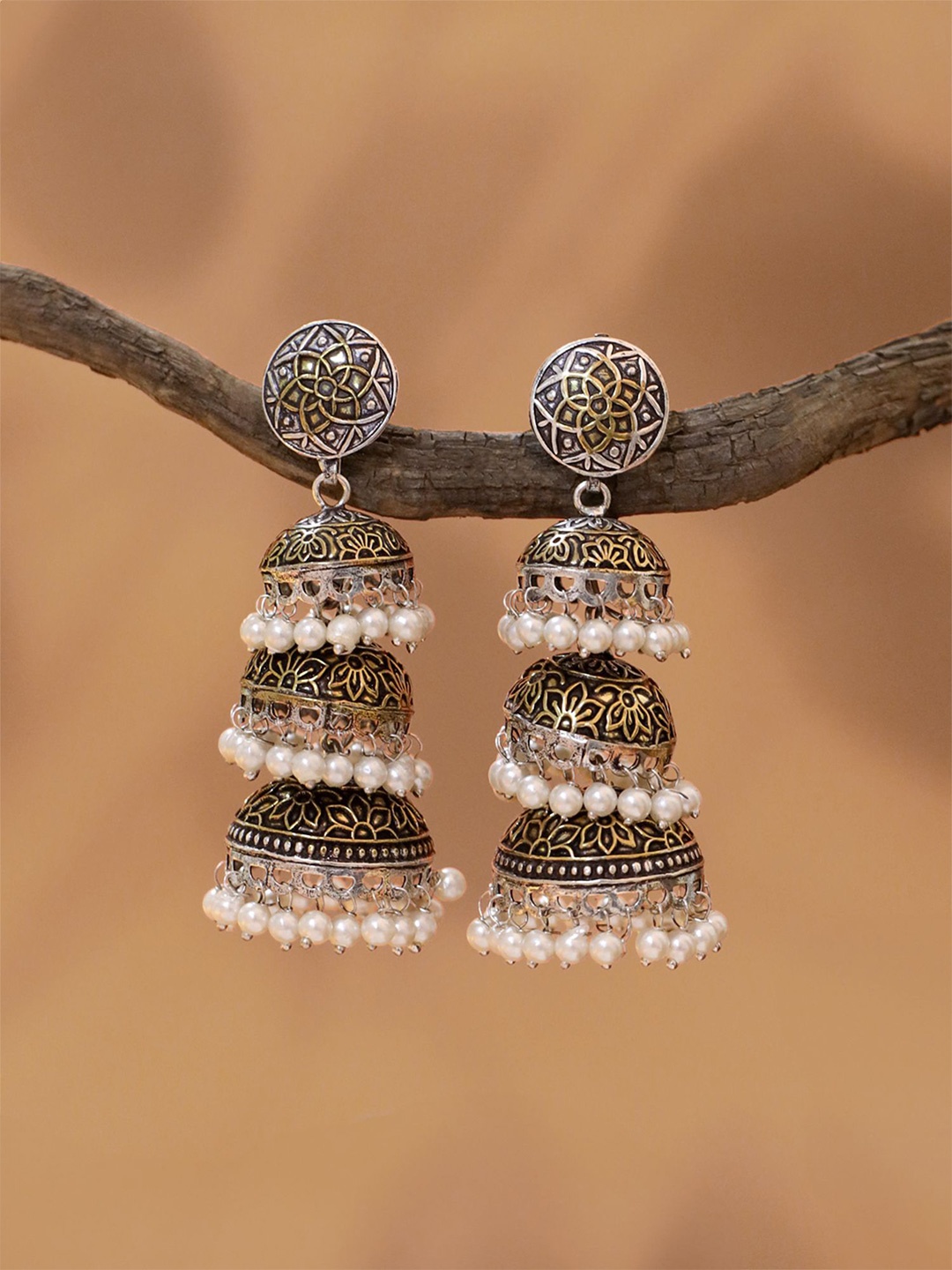 

Yellow Chimes Silver-Plated Pearls Beaded Oxidized Dome Shaped Jhumkas