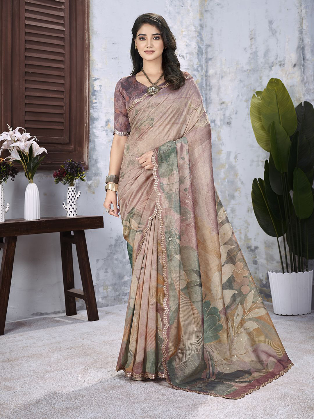 

all about you Floral Embroidered Organza Saree, Brown