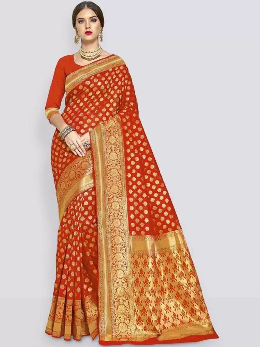 

KALINI Woven Design Zari Pure Silk Fusion Saree, Red