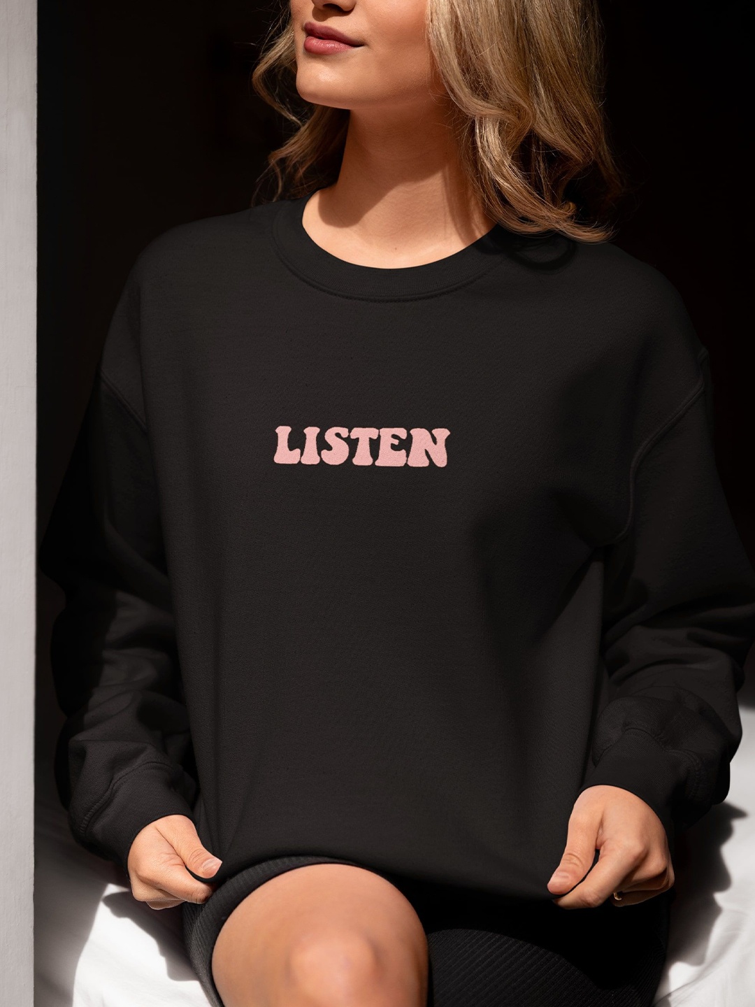 

TheBTclub Women LISTEN TO YOUR HEART Printed Sweatshirt, Black