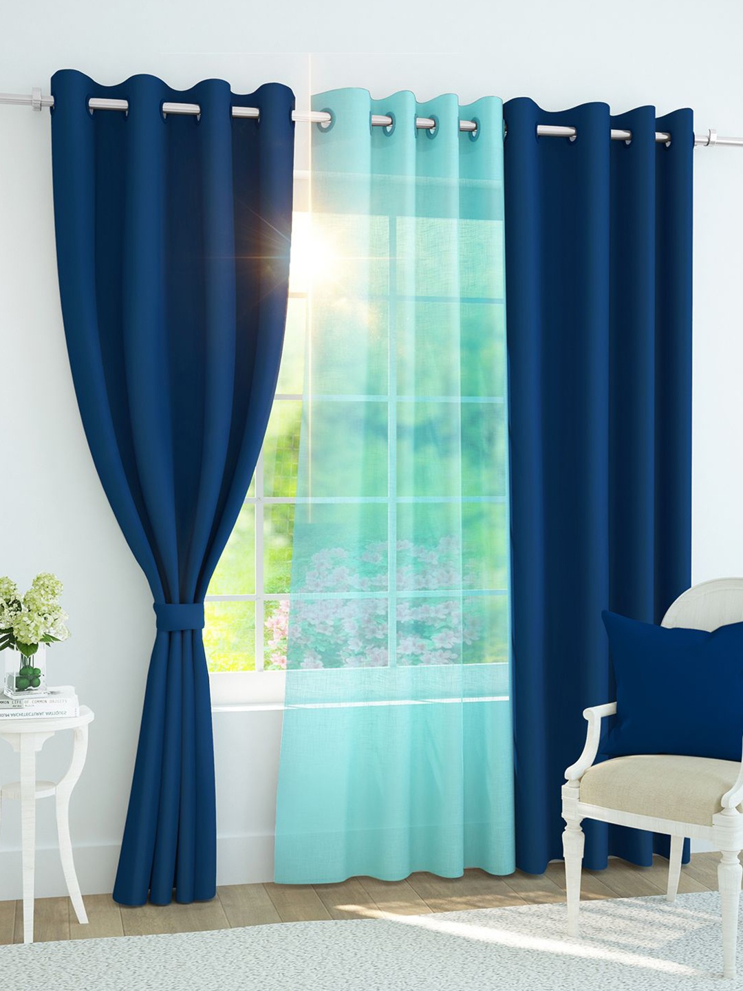 

Story@home Set of 3 Combo Door Curtains of Blackout & Sheer 7 Feet, Navy Blue & Light Blue