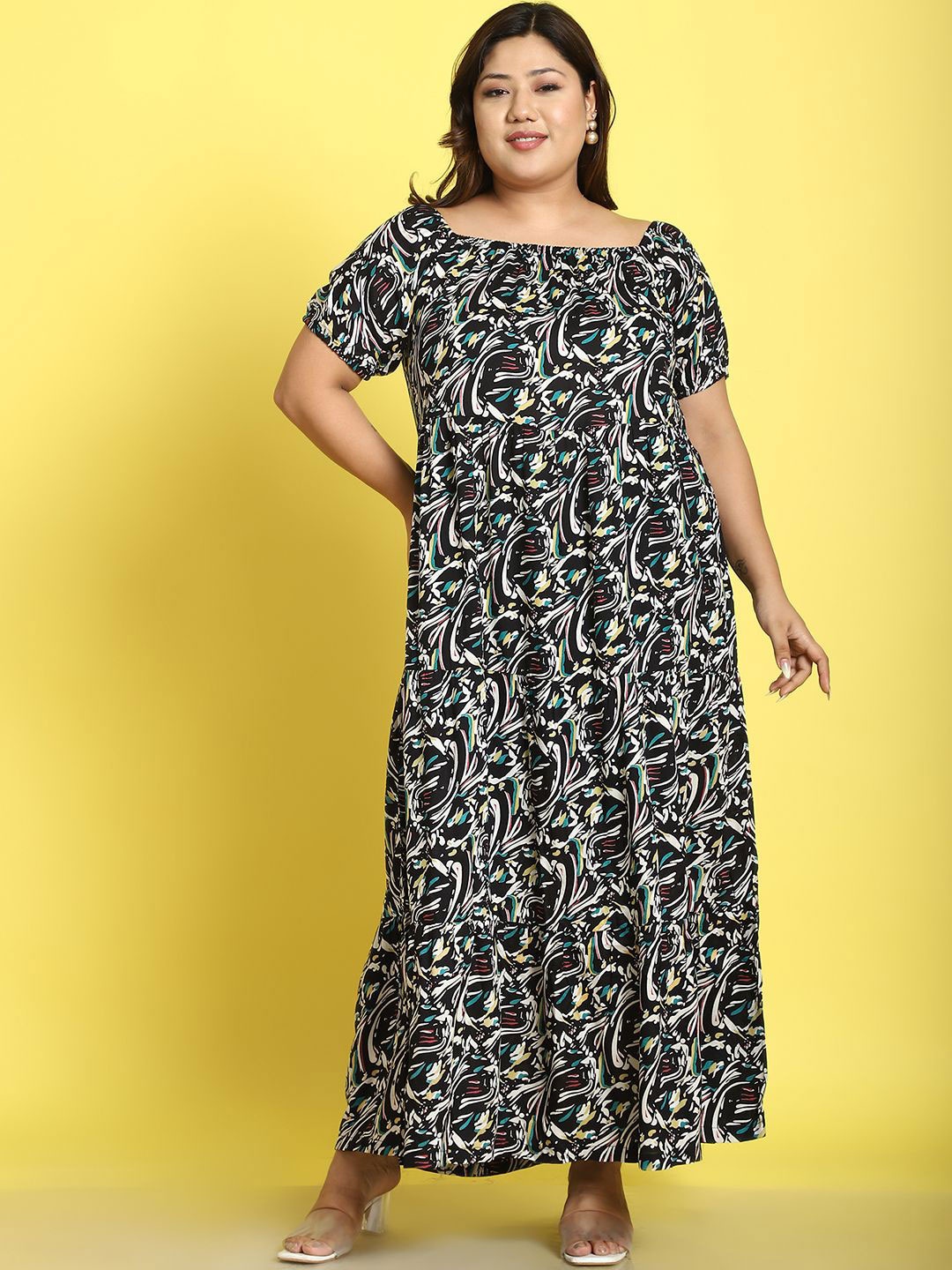 

theRebelinme Women Plus Size Floral Printed Puff Sleeves A-Line Maxi Dress, Black