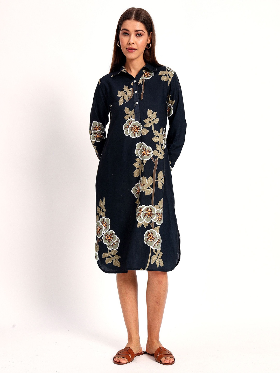 

Peikh Floral Print Shirt Dress, Black