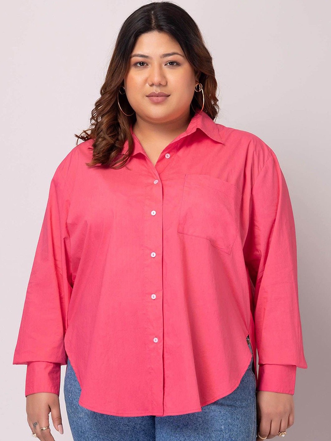 

WHY SO FAB Women Plus Size Comfort Oversized Fit Spread Collar Solid Cotton Casual Shirt, Pink