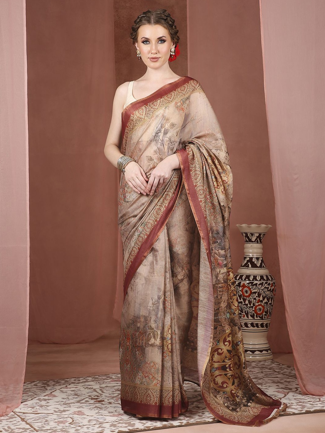 

JUST FASHION Abstract Printed Saree, Brown