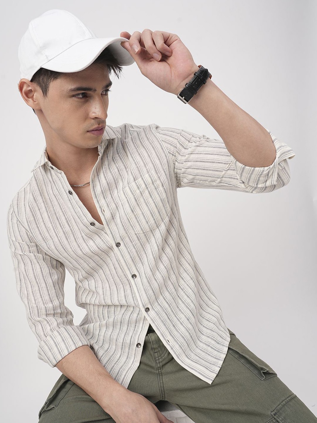 

VASTRADO Men Classic Slim Fit Multi Stripes Opaque Striped Casual Shirt, Off white