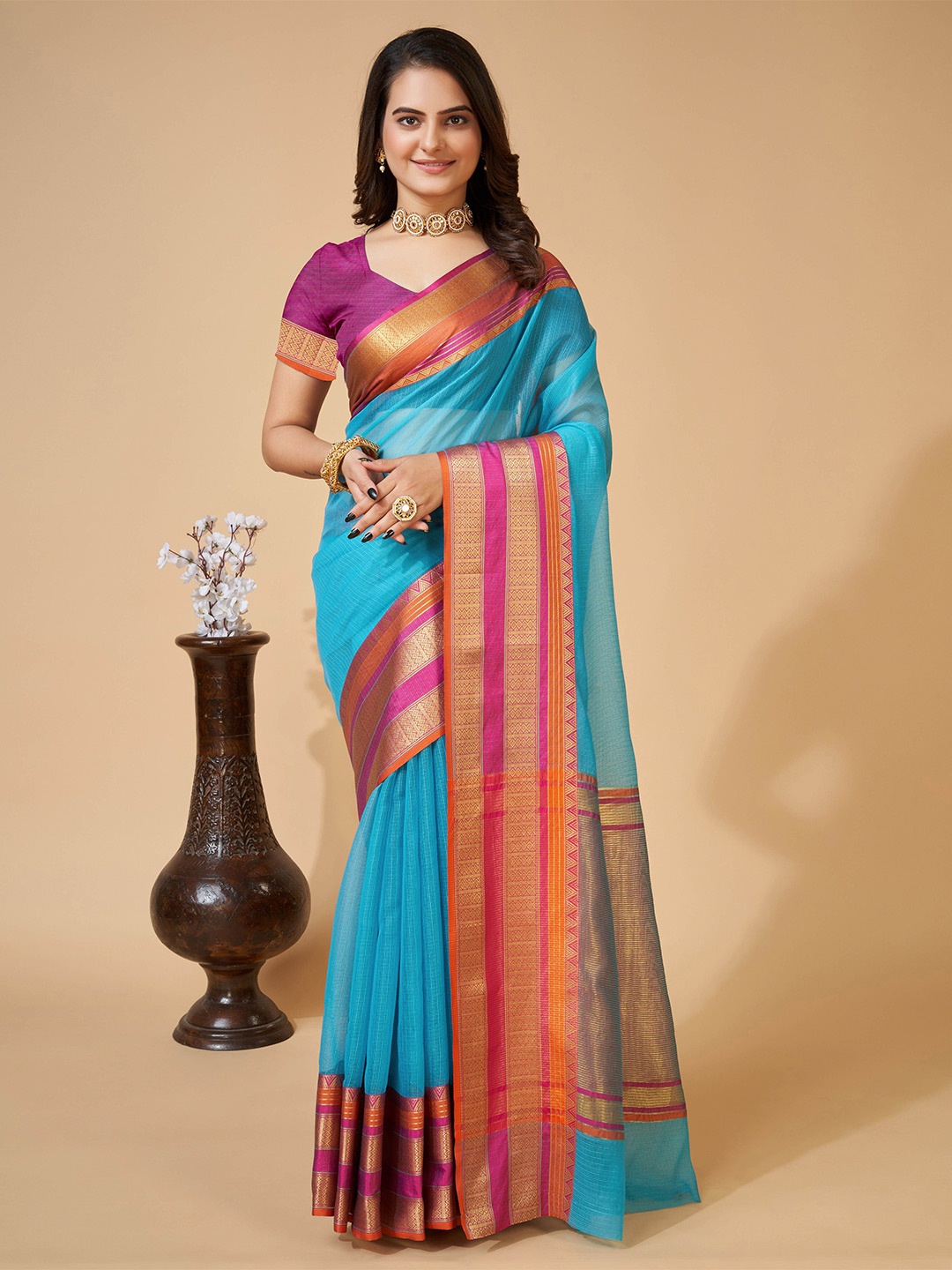 

KSM PRINTS Woven Design Zari Saree, Blue