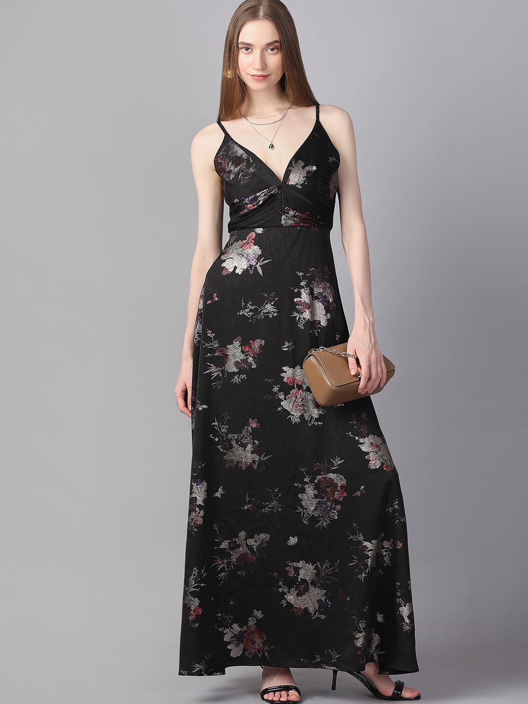 

MISH X Women Shoulder Straps Floral Printed Maxi Dress, Black