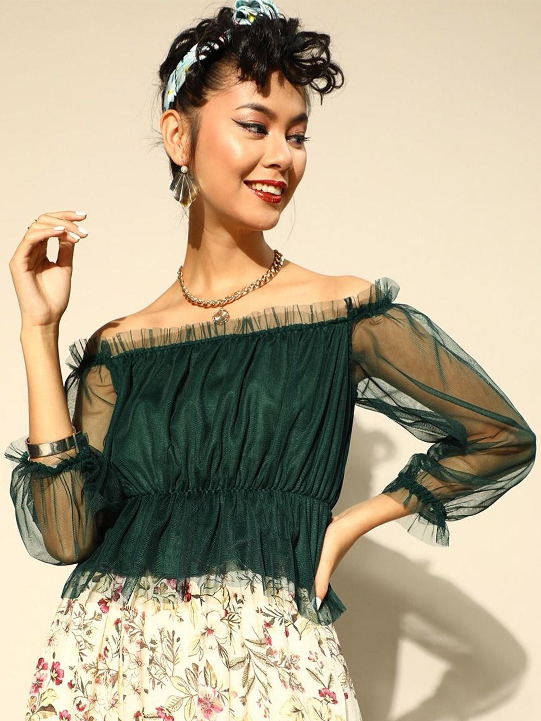 

Moda Rapido Off-Shoulder Cape Sleeve Net Top, Green