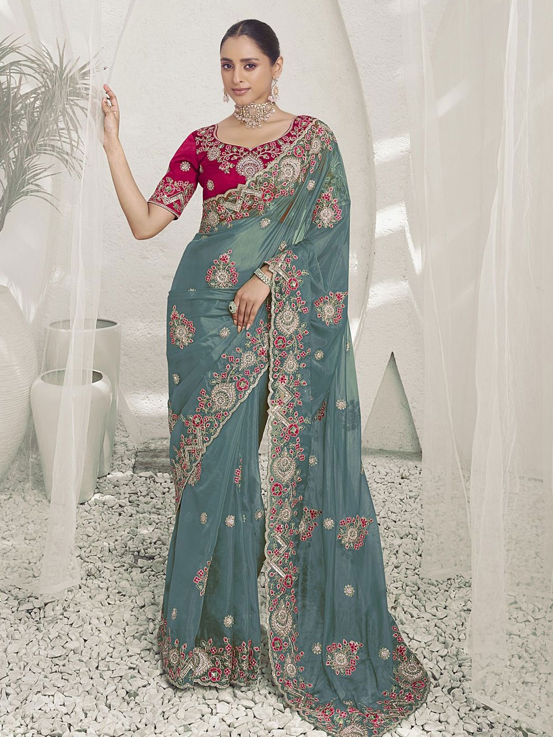 

Suha Embroidered Sequinned Saree, Blue