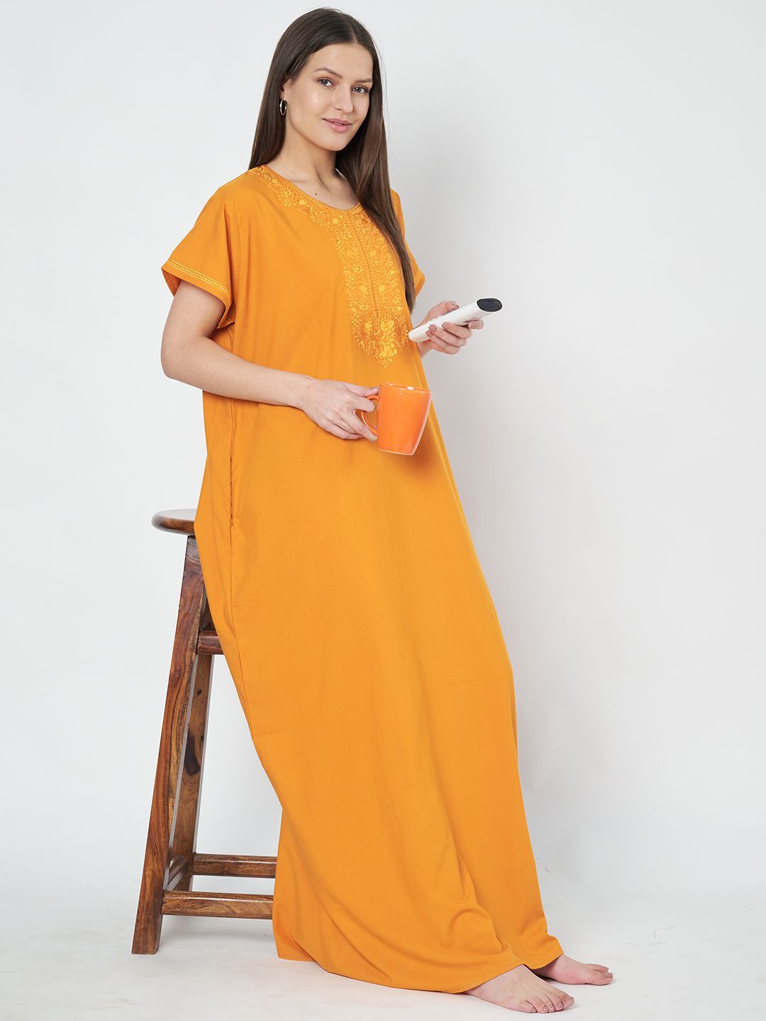 

KOI SLEEPWEAR Women Embroidered Cotton Nightdress, Mustard