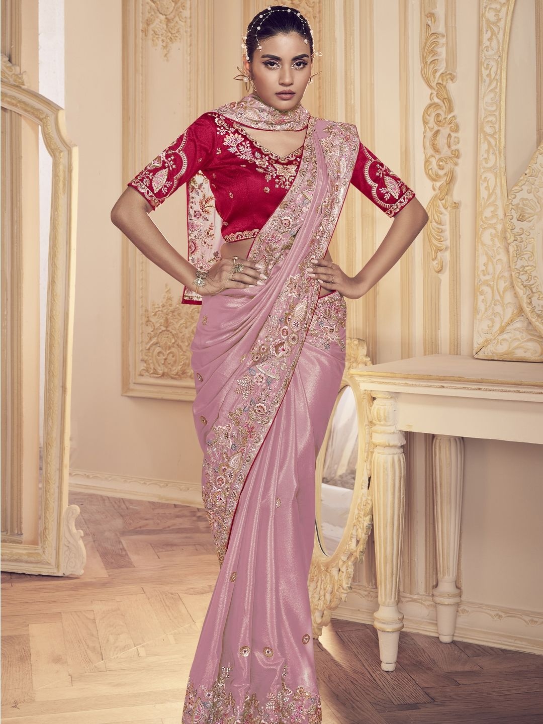 

Suha Embellished Sequinned Pure Crepe Saree, Pink