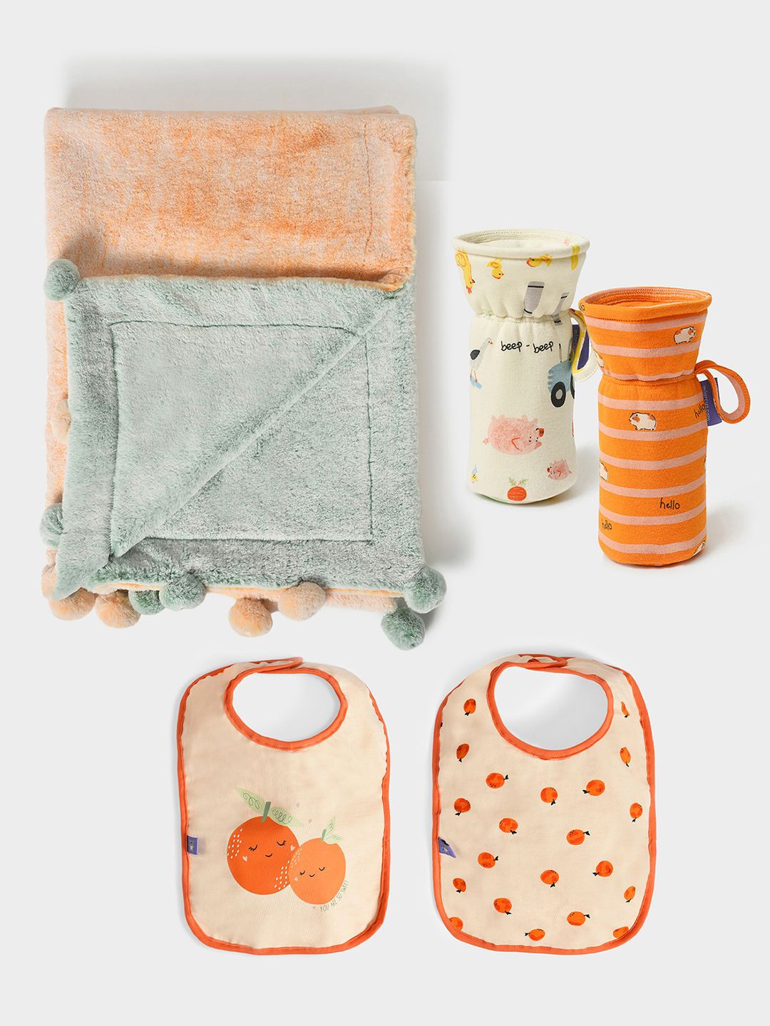 

MiArcus Kids New Born Essentials Gift Set Hamper Including Blanket, Bottle Covers & Bibs, Peach