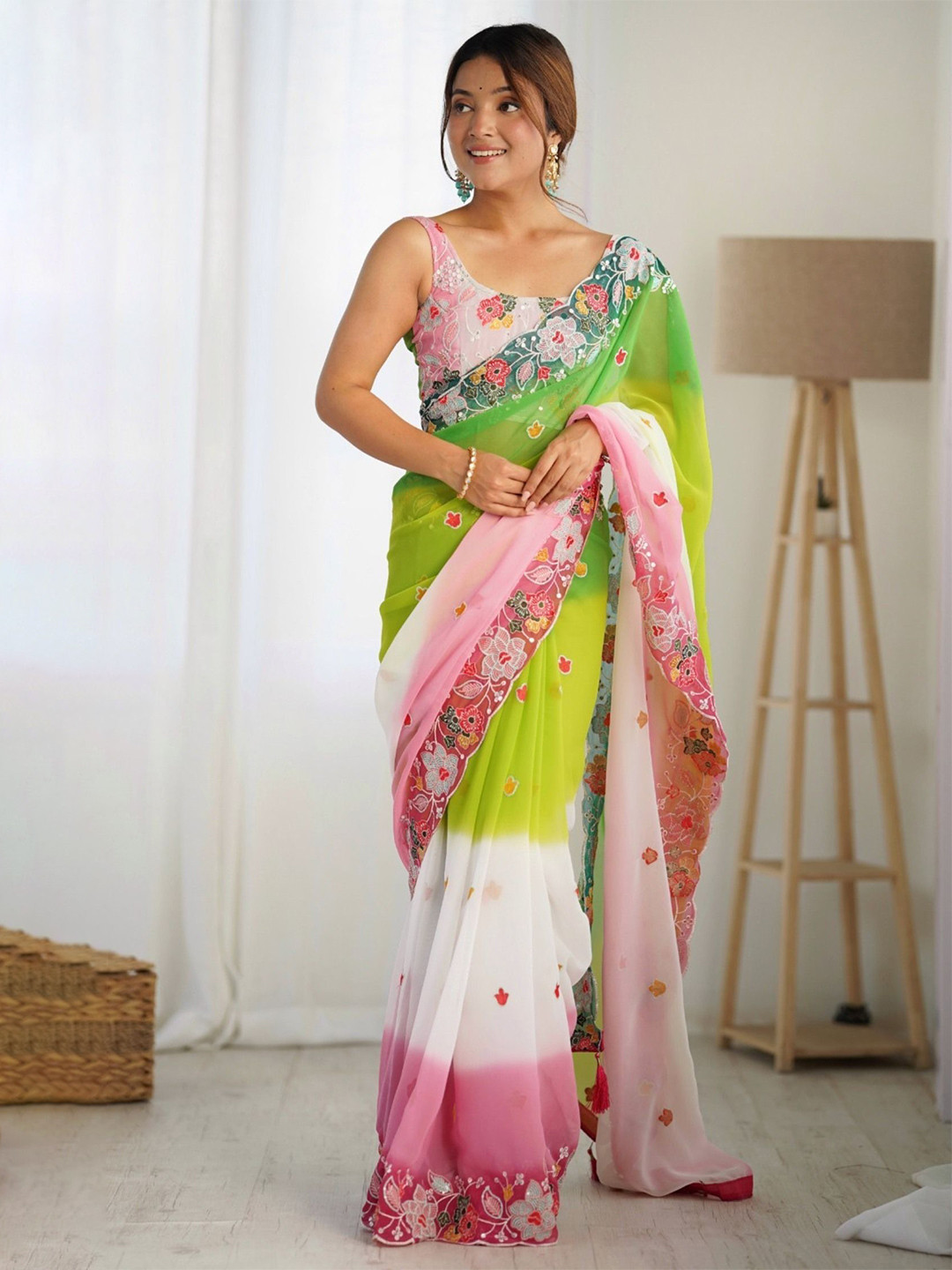 

MySilkLove Ethnic Motifs Embroidered Pure Georgette Saree, Green