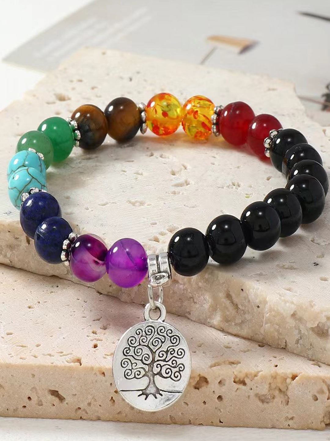 

DIVASTRI Gold-Plated Stainless Steel Beaded Chakra Stone Adjustable Elasticated Bracelet, Black