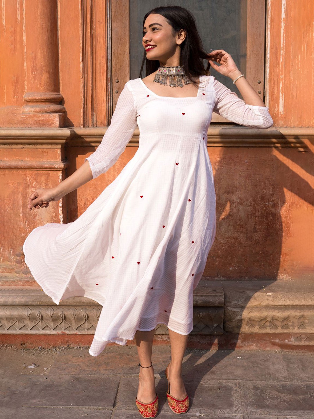 

Gulaal Nayeli Heart Embroidery Jacquard Fit & Flare Midi Dress, White