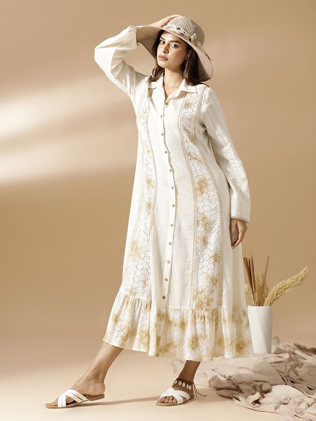 

Mugo Tie and Dye Schiffli A-Line Maxi Shirt Dress, Off white