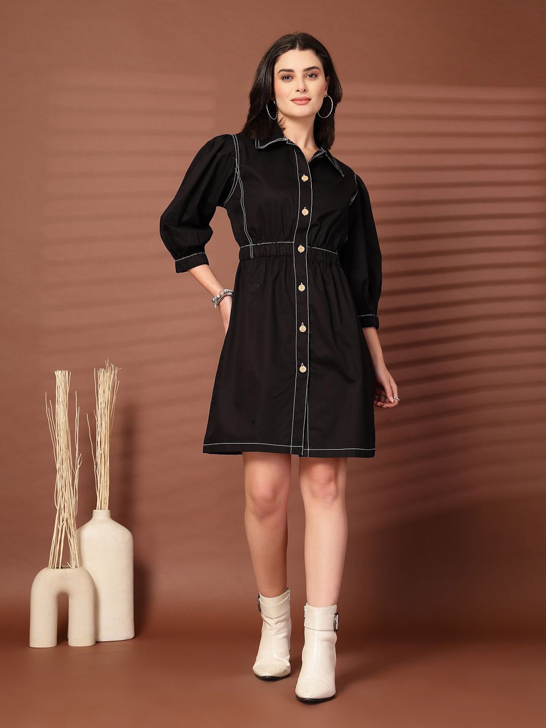 

plusS Shirt Collar Puff Sleeves Cotton Shirt Dress, Black