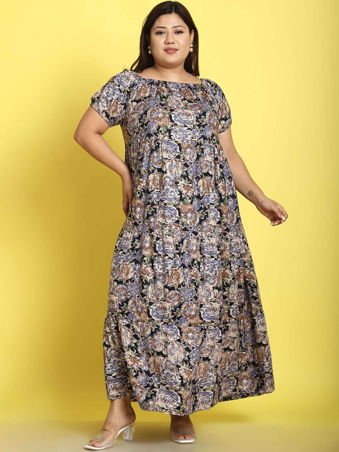

theRebelinme Plus Size Floral Printed Maxi Dress, Navy blue