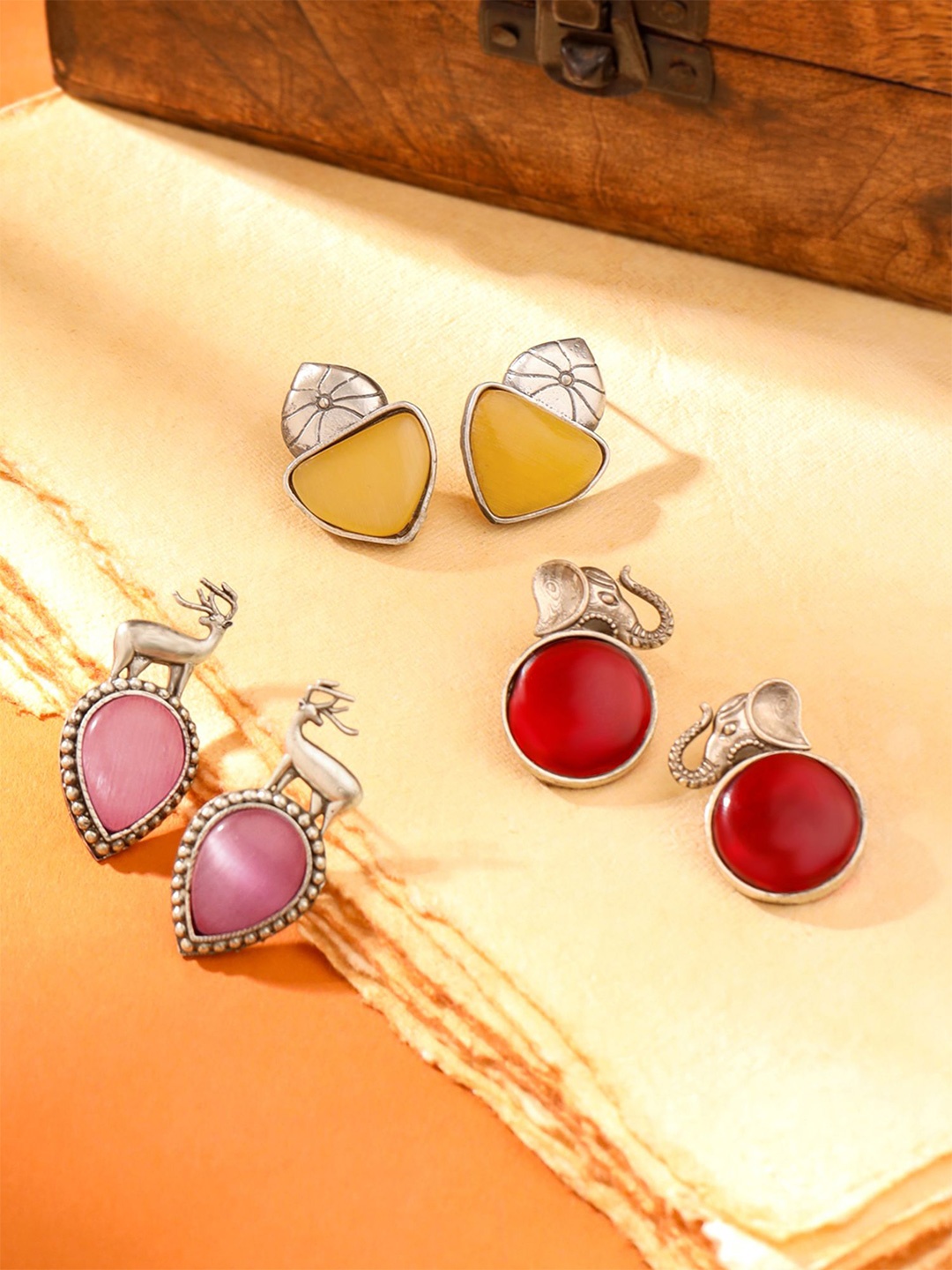 

Yellow Chimes Set of 3 Silver-Plated Monalisa Stone Studded Contemporary Studs Earrings