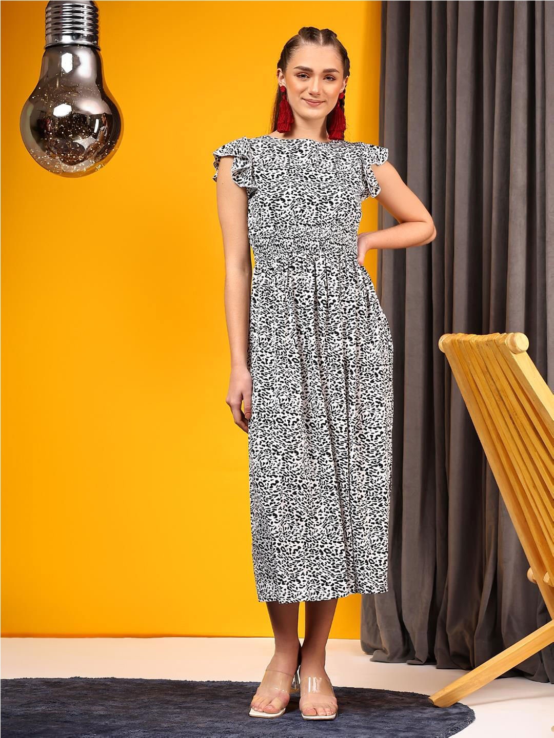 

Kotty Animal Printed Crepe Fit & Flare Midi Dress, Black