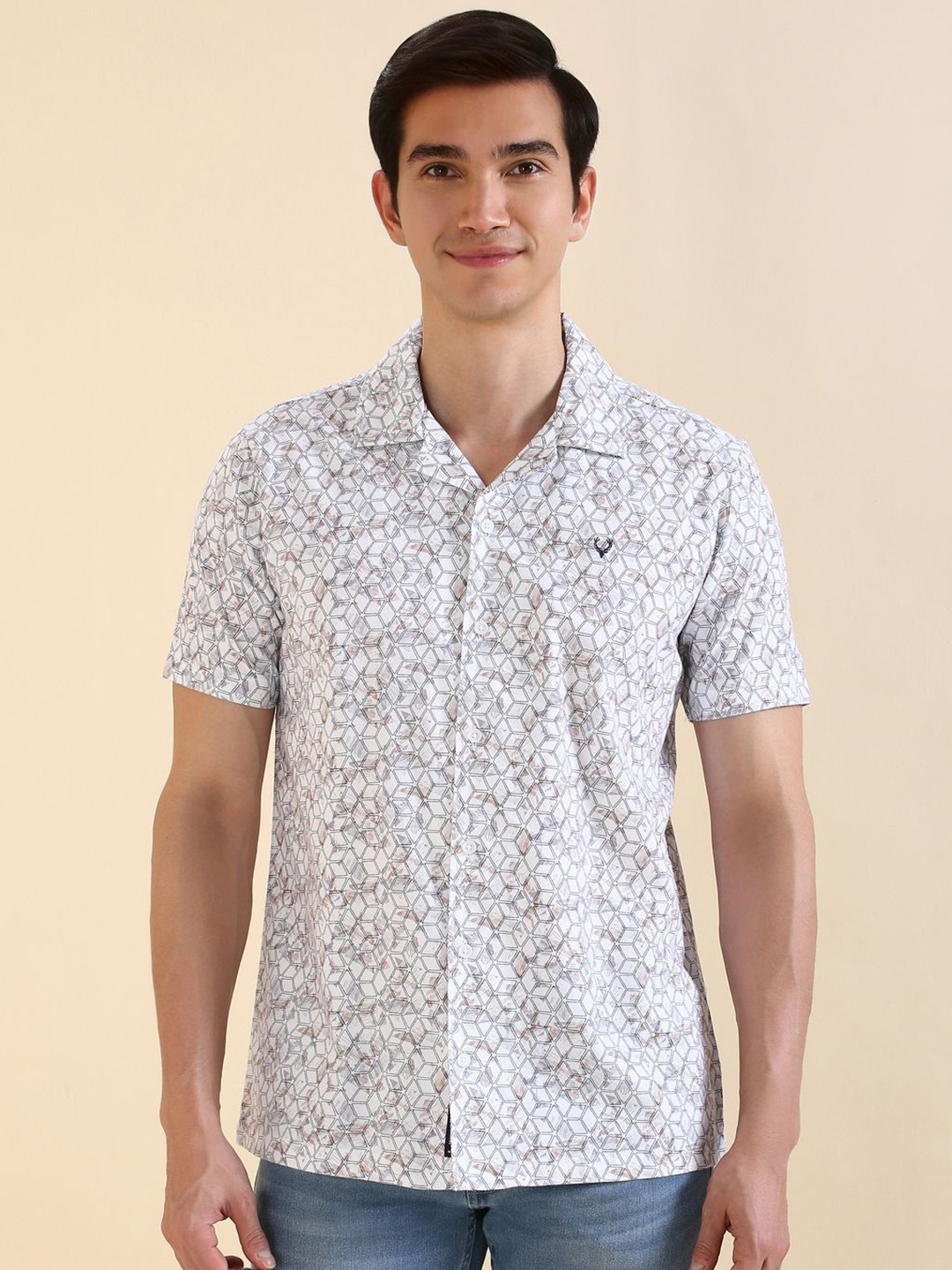 

Allen Solly Men Custom Fit Cuban Collar Geometric Printed Cotton Casual Shirt, White