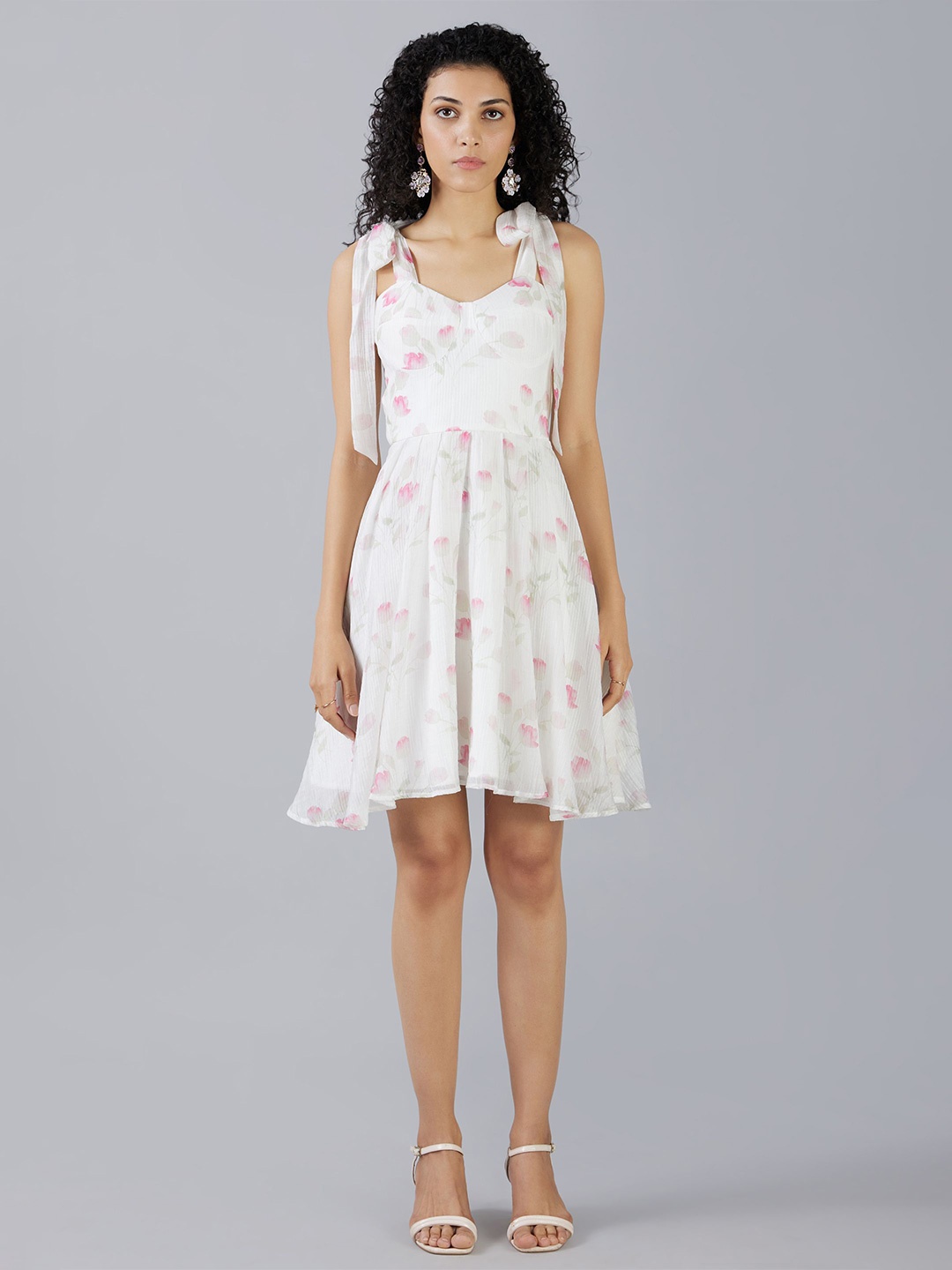 

MISH X Floral Printed Shoulder Straps Fit & Flare Dress, Off white