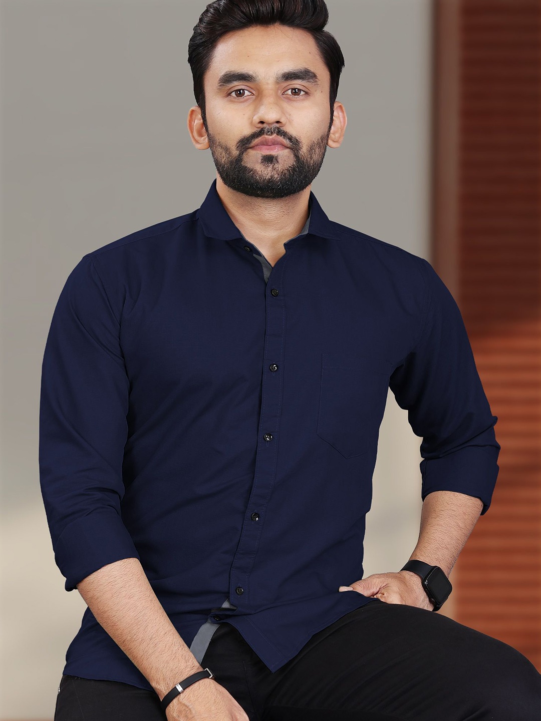 

VeBNoR Men Standard Fit Solid Spread Collar Shirt, Navy blue