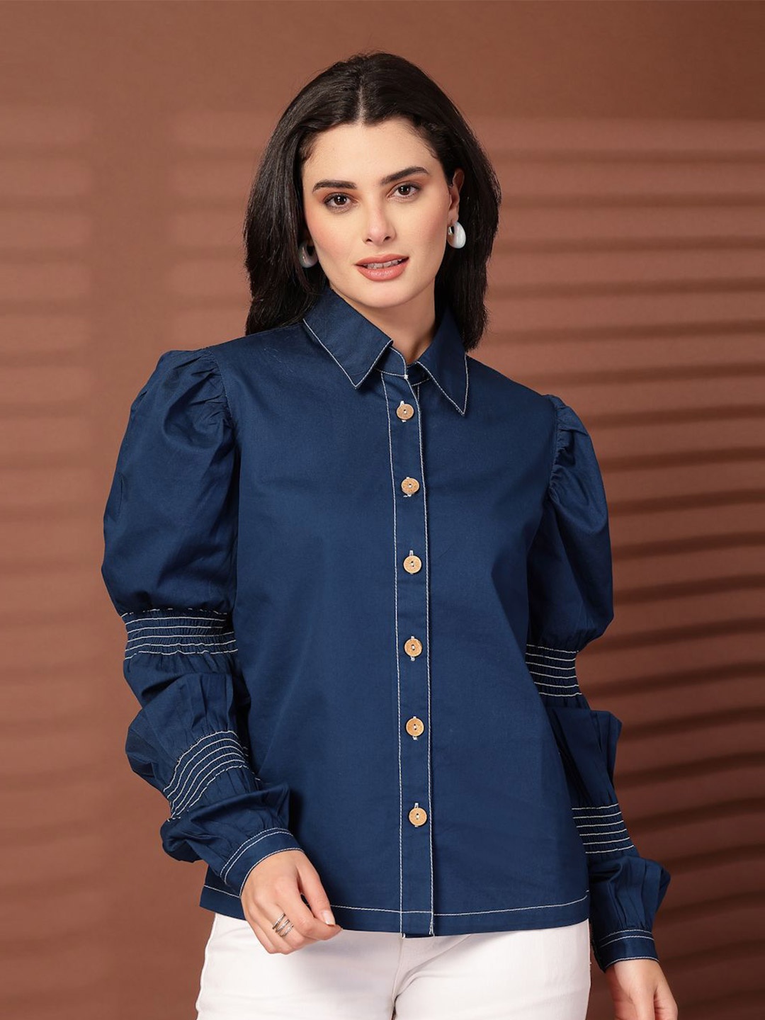 

plusS Women Spread Collar Solid Cotton Casual Shirt, Navy blue