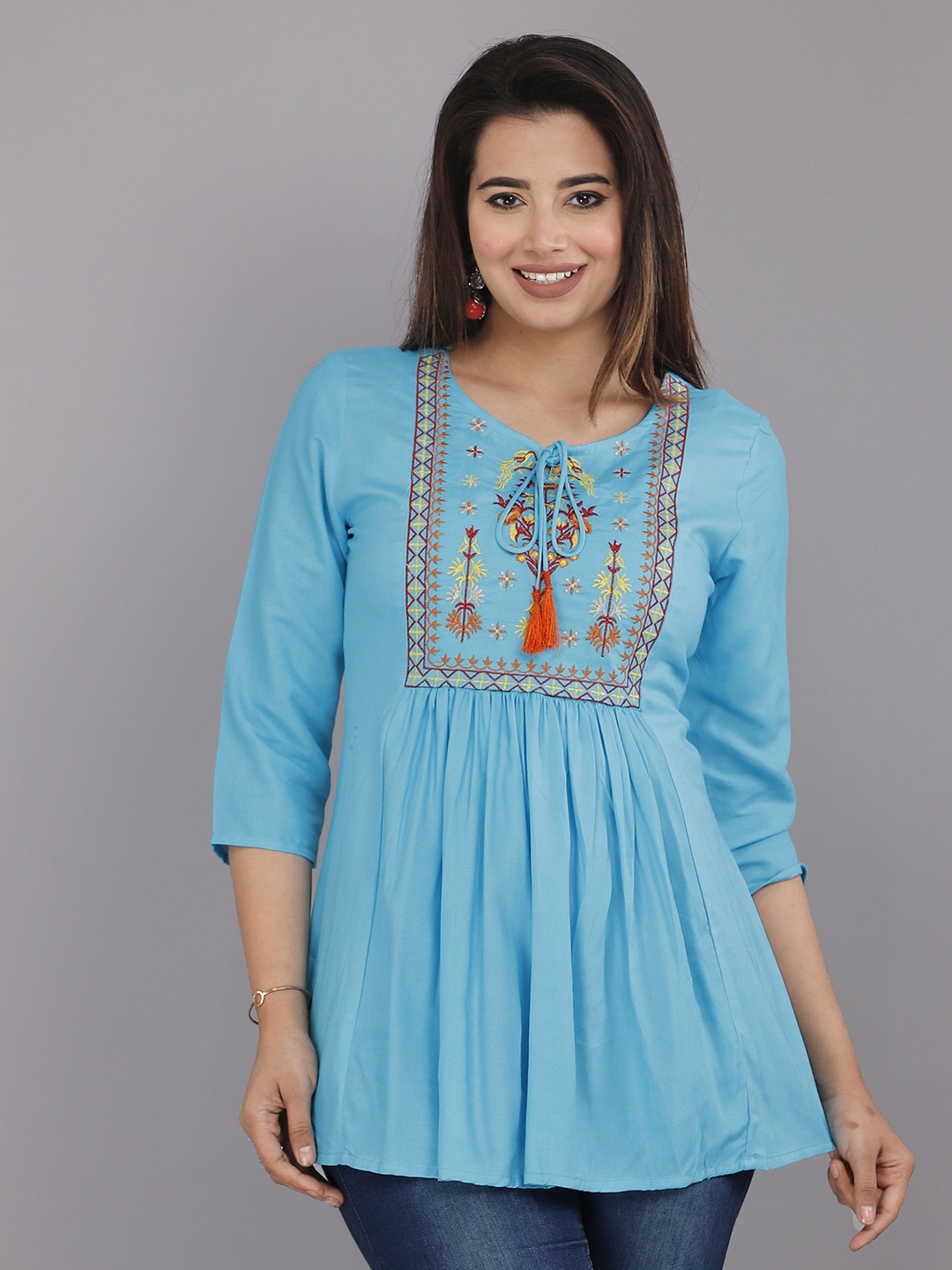 

AVAYAYAT Embroidered Keyhole Neck Top, Turquoise blue
