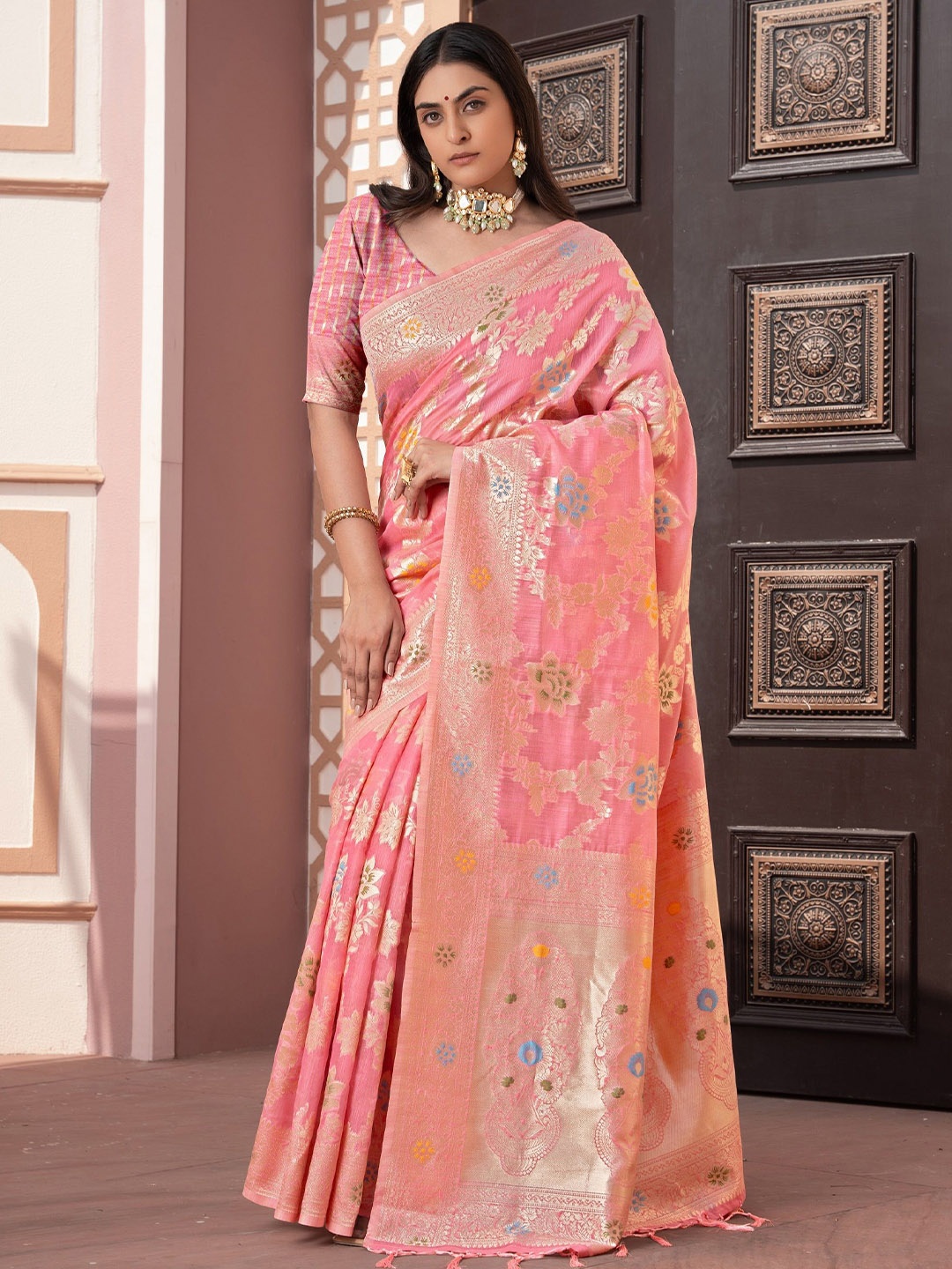 

MAHALASA Woven Design Zari Banarasi Saree, Pink