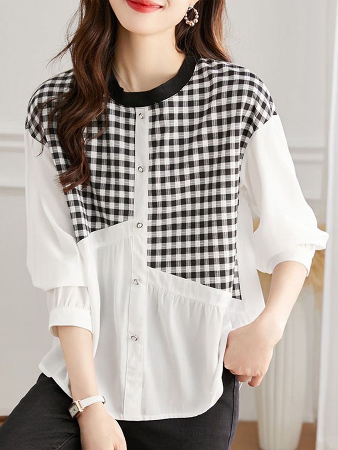 

StyleCast Women Checked Mandarin Collar Cotton Relaxed Fit Casual Shirt, White