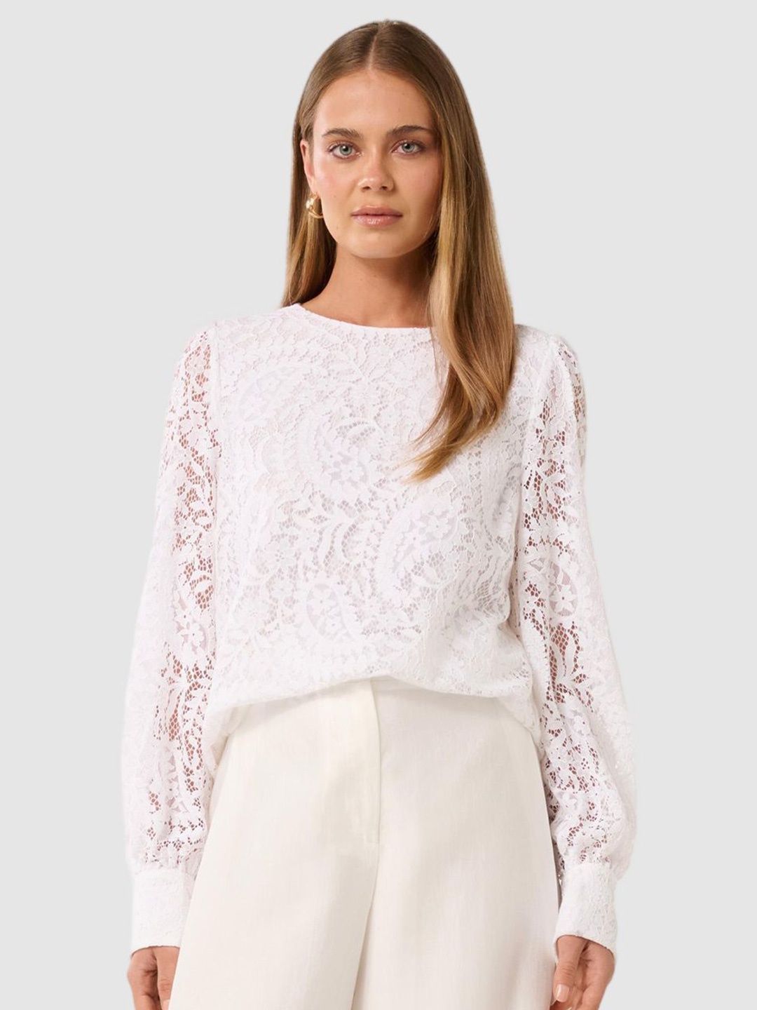 

Forever New Women Bishop Sleeves Lace Top, White