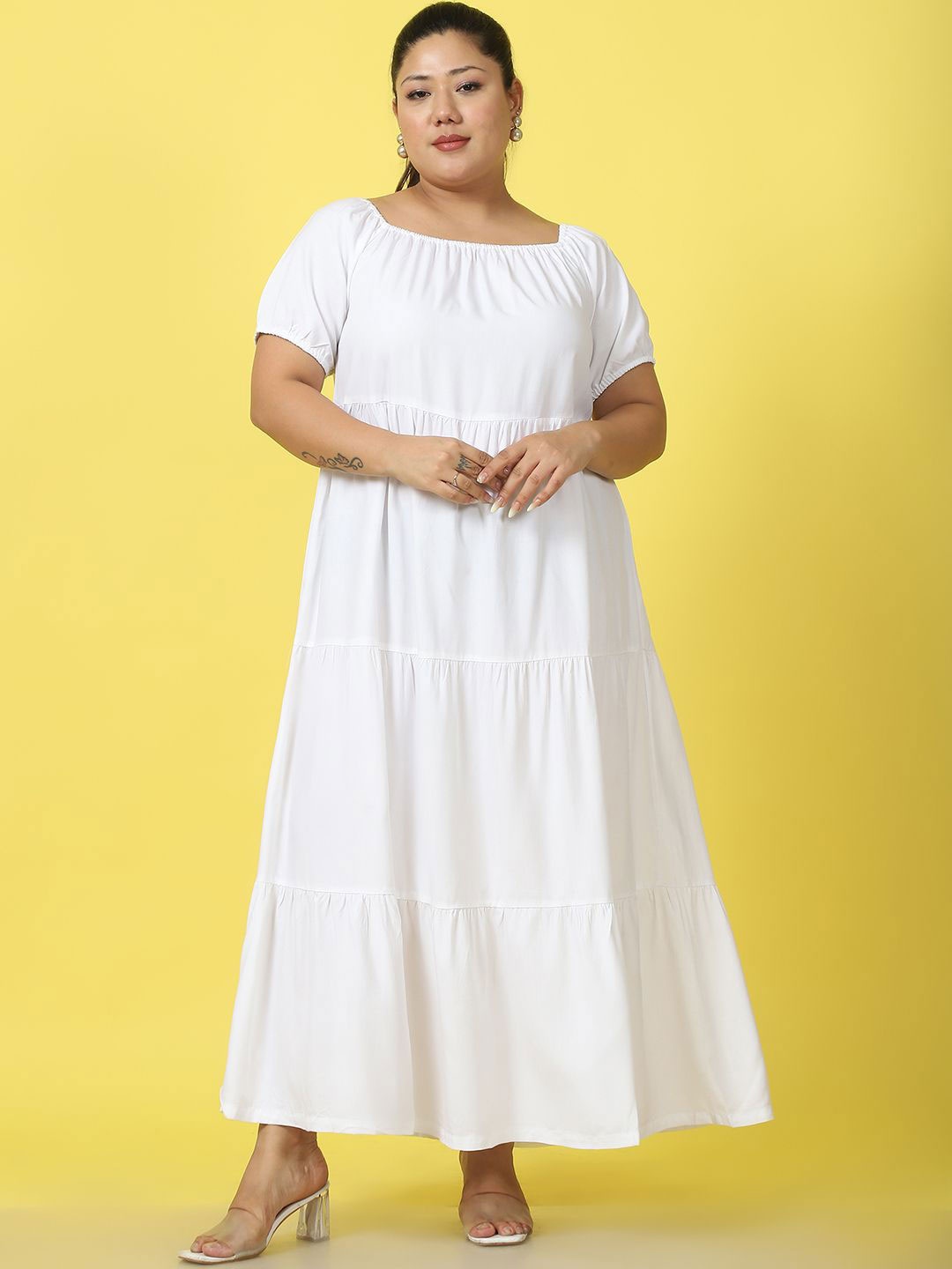 

theRebelinme Women Plus Size Tiered A-Line Maxi Dress, White