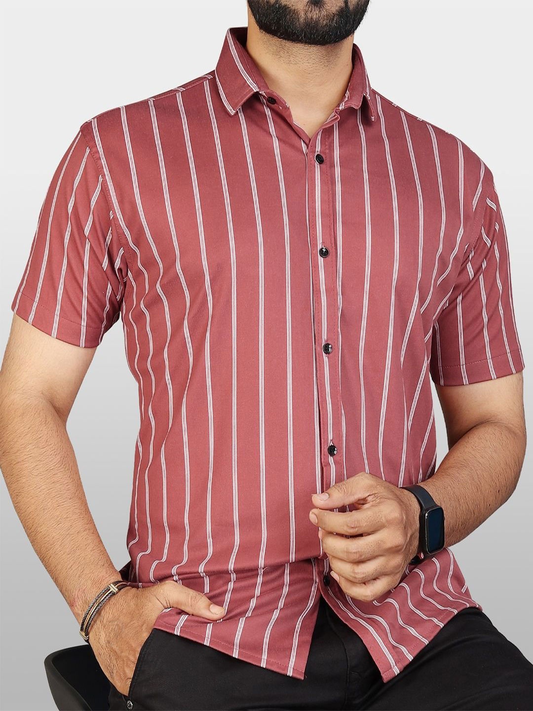 

VeBNoR Men Vertical Striped Standard Fit Casual Shirt, Mauve