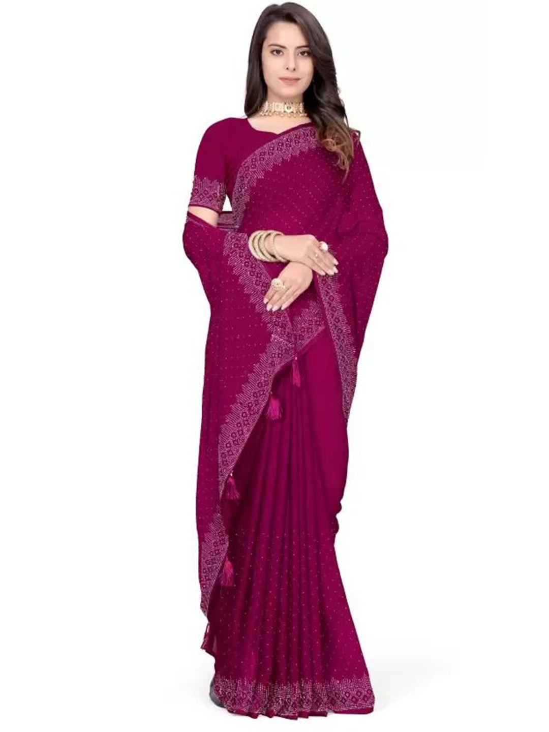 

KALINI Embellished Beads and Stones Pure Georgette Saree, Burgundy