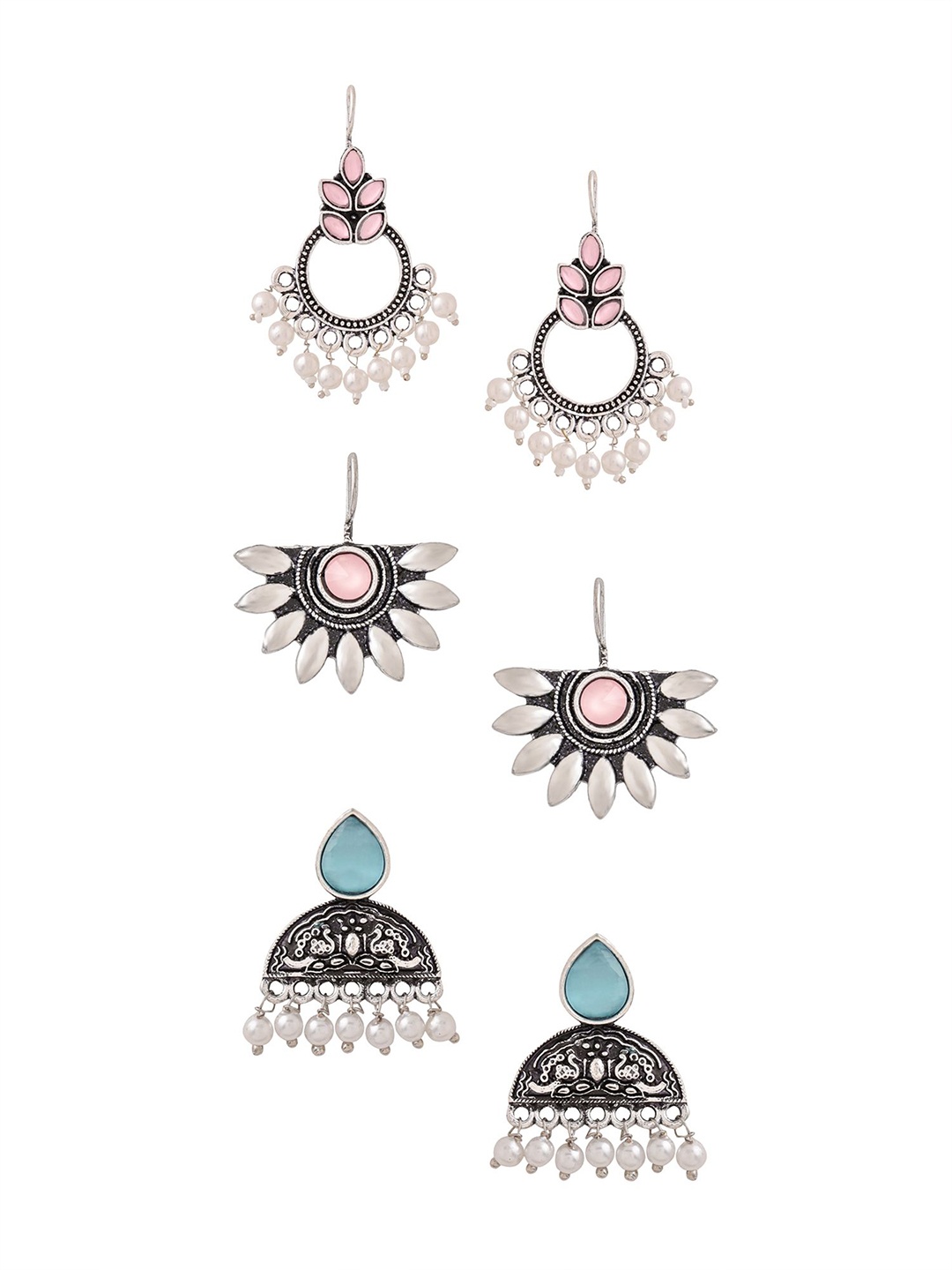 

Yellow Chimes Set Of 3 Silver Plated Monalisa Stone Studded Contemporary Jhumkas Earrings, White