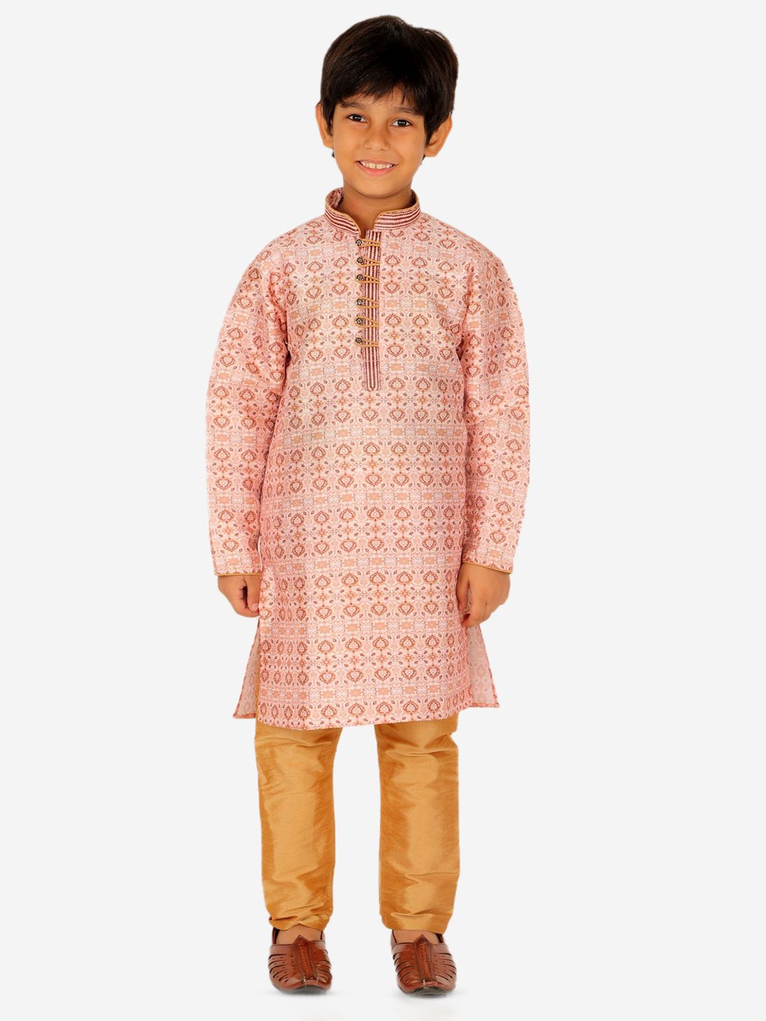 

P-Mark Boys Ethnic Motifs Printed Mandarin Collar Kurta With Trouser, Pink