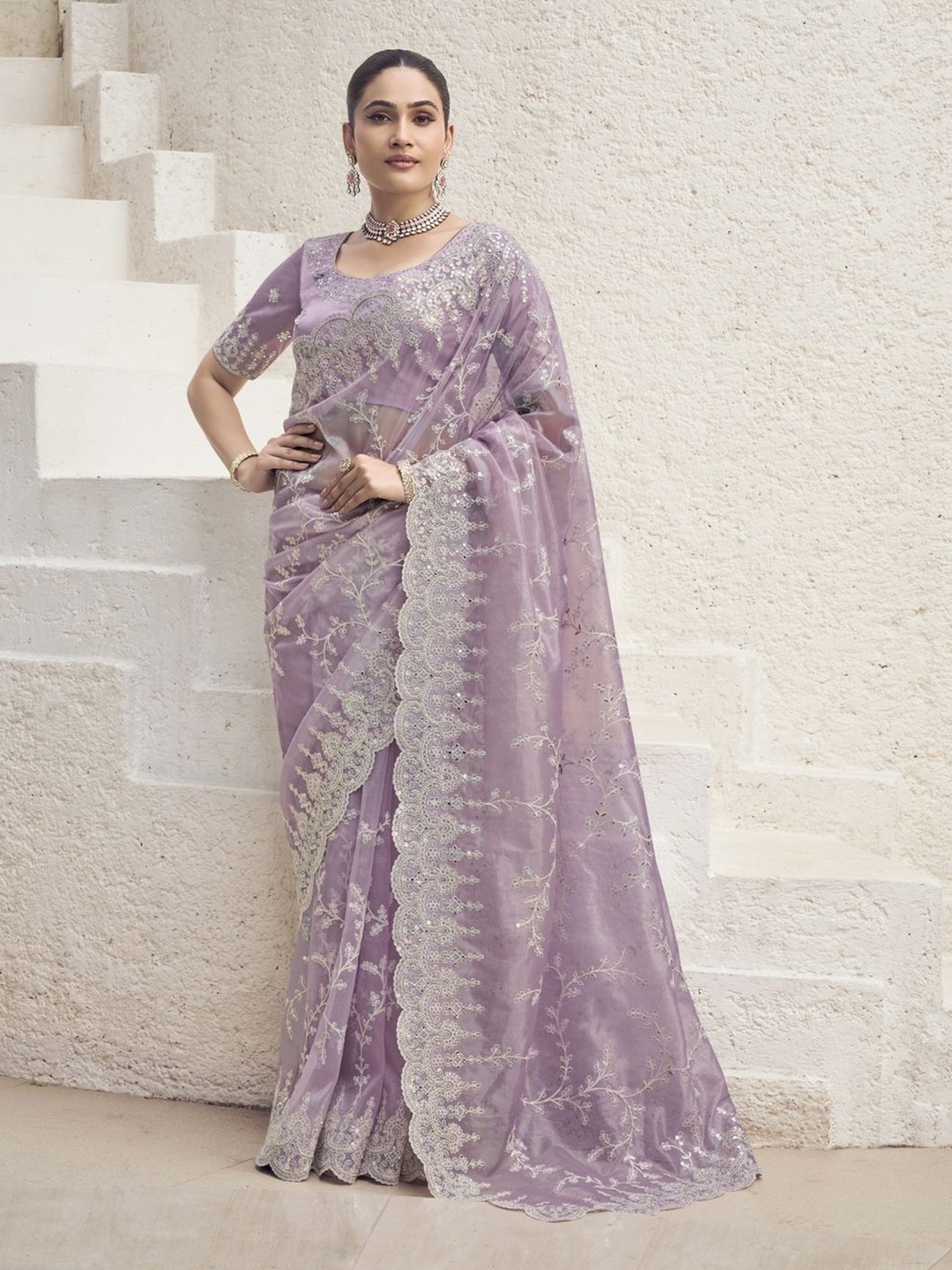 

Suha Embroidered Sequinned Net Saree, Lavender