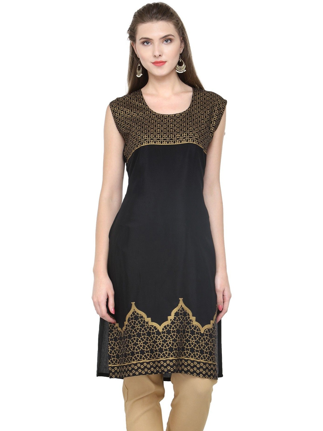 

Dillen Women Ethnic Motifs Printed Round Neck Kurti, Black