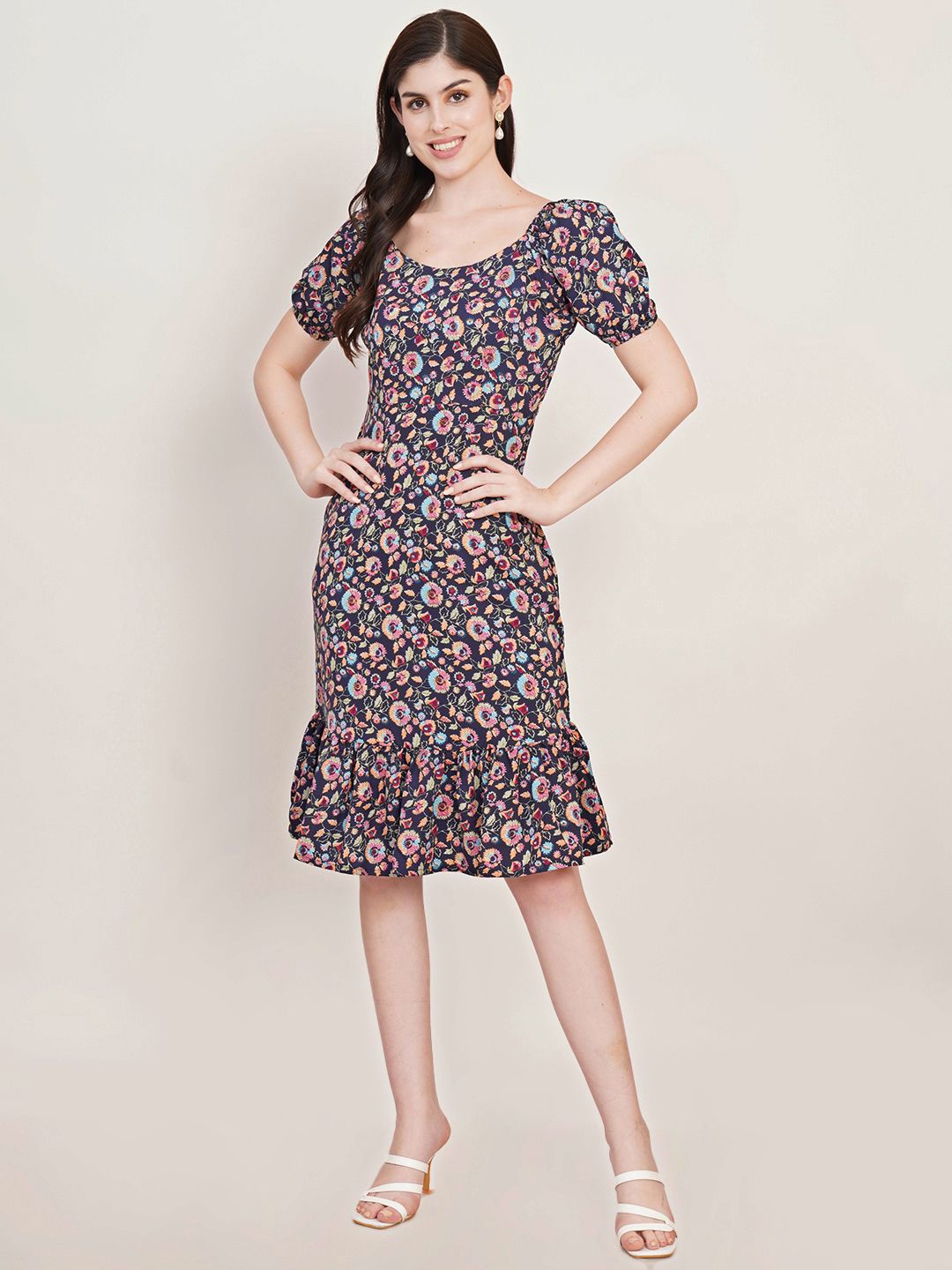 

Moda Rapido Tropical Print Puff Sleeve Crepe Bodycon Dress, Navy blue