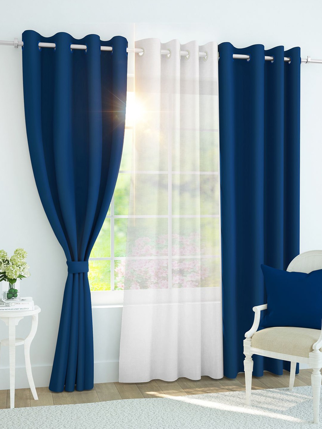 

Story@home Set of 3 Combo Door Curtains of Blackout & Sheer 7 Feet, Navy Blue & White