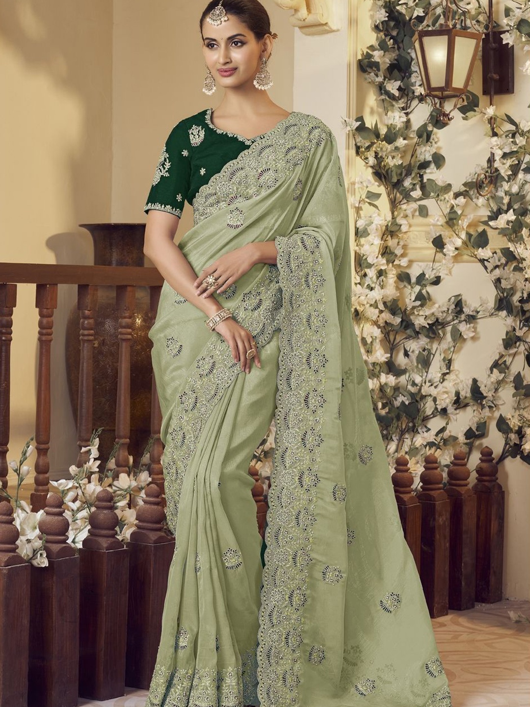 

Suha Embellished Embroidered Organza Saree, Green