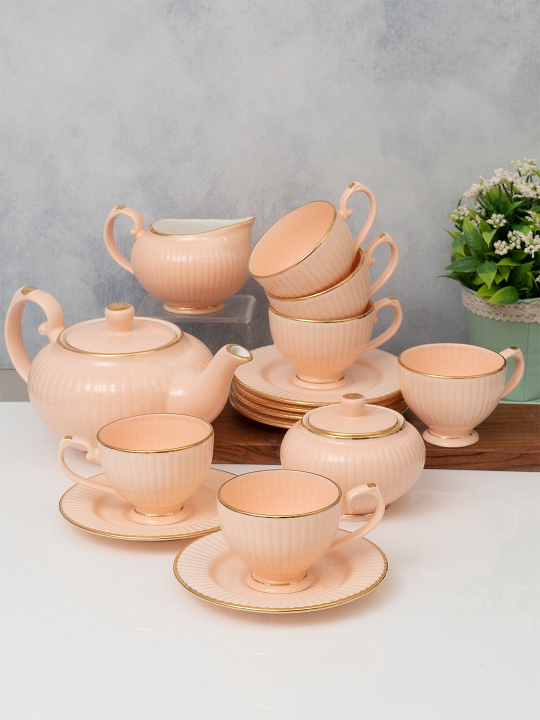 

CLAY CRAFT Peach-Coloured 15 Pieces Textured Fine Ceramic Julie Tea Set