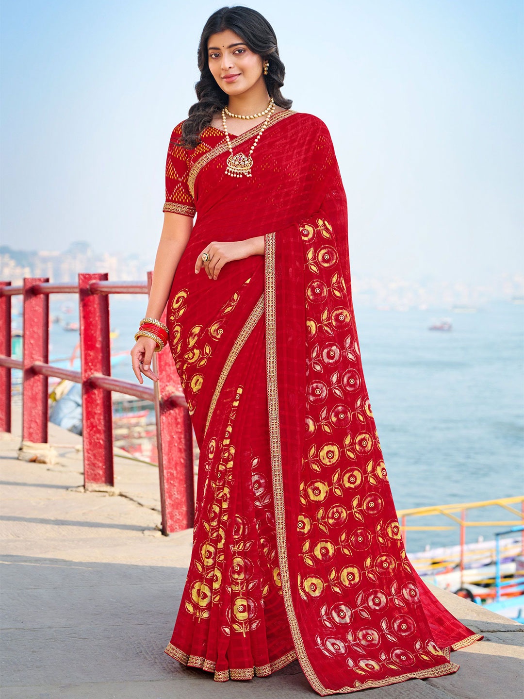 

Laxmipati Floral Poly Chiffon Designer Saree, Red
