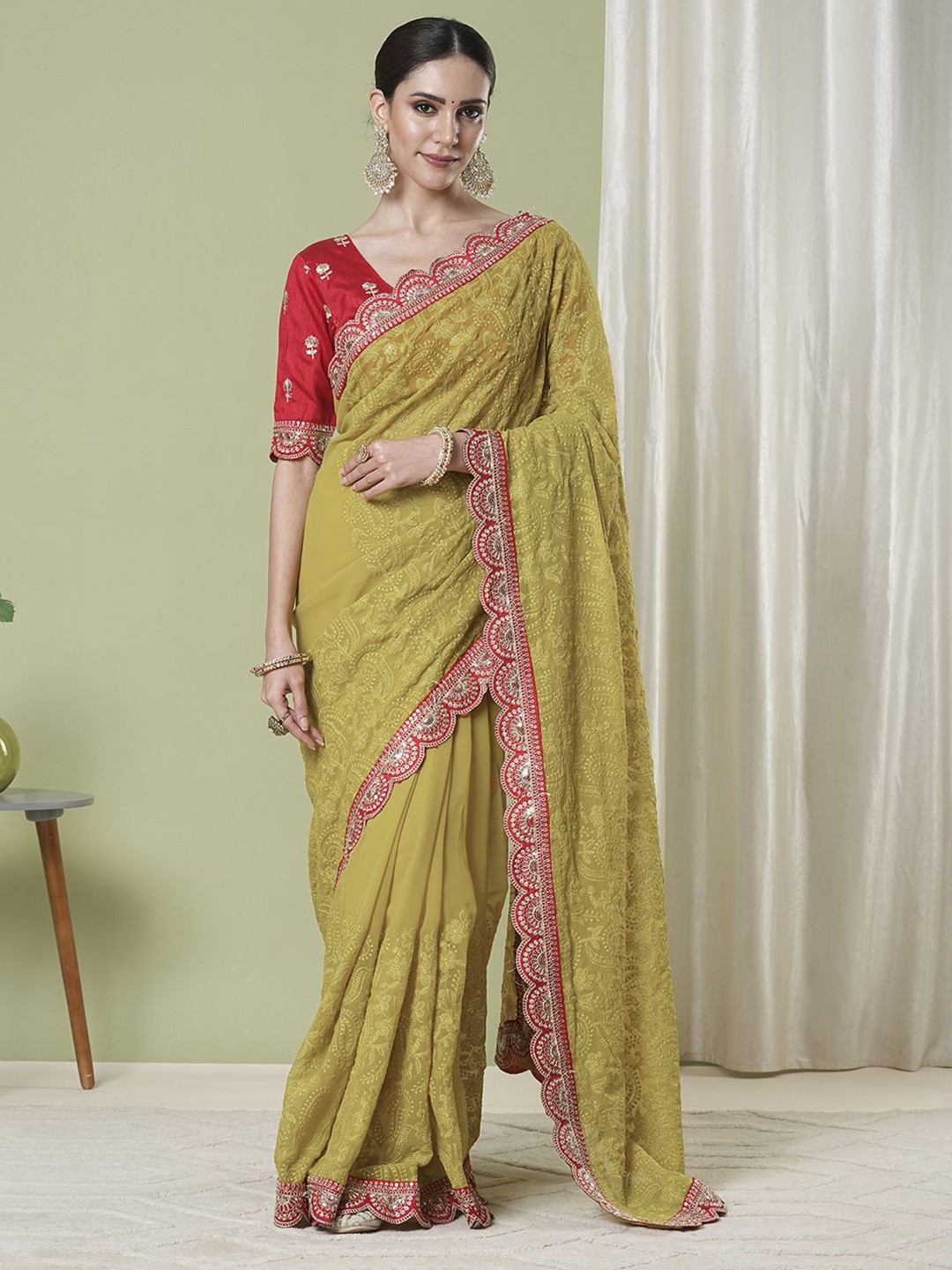 

KAYOMMI Women Ethnic Motifs Embroidered Pure Georgette Banarasi Saree, Lime green