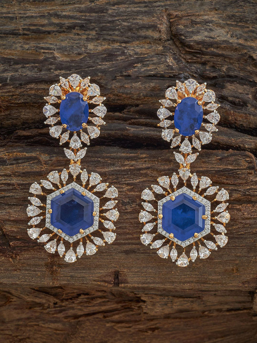 

Kushal's Fashion Jewellery Sapphire Gold Plated Zircon Geometric Drop Earrings