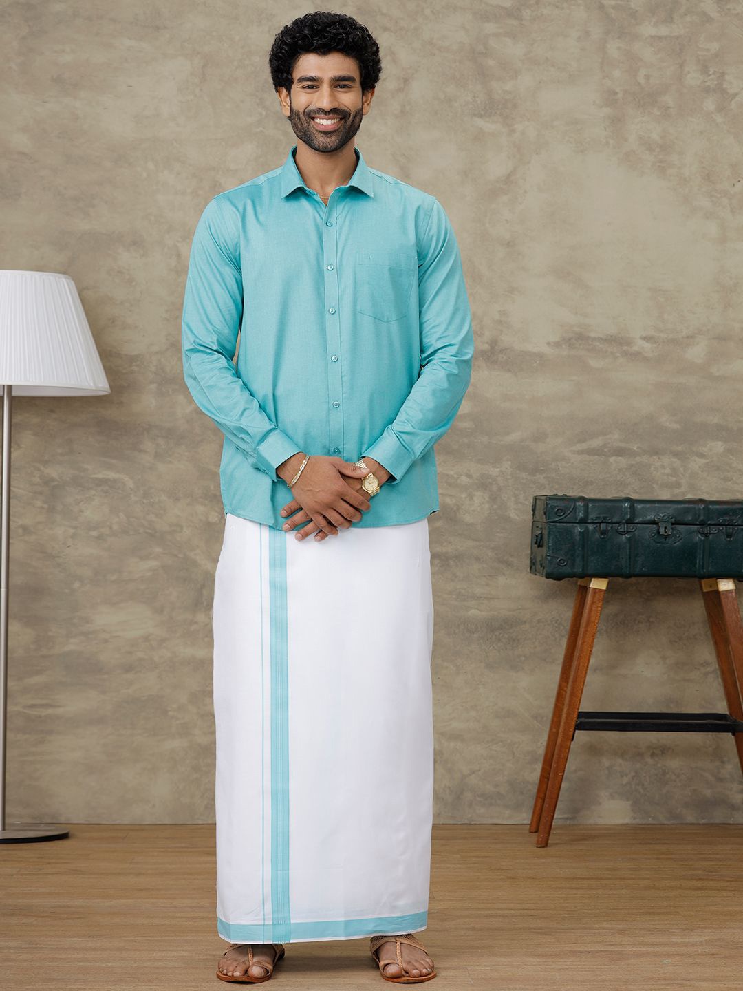 

Ramraj Men Evolution Shirt & Border Dhoti Set, Blue